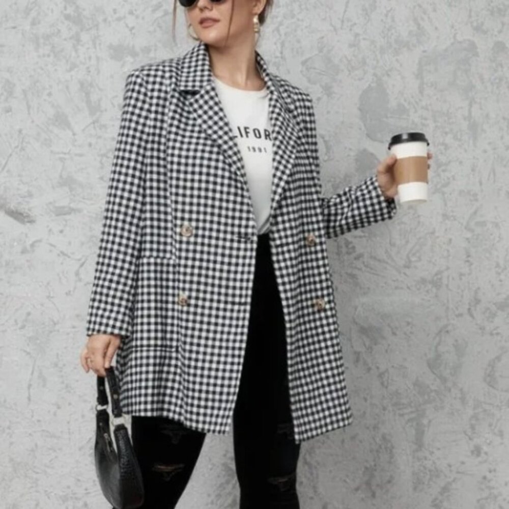 SHEIN Plus Gingham Pocket Front Double Breasted Blazer